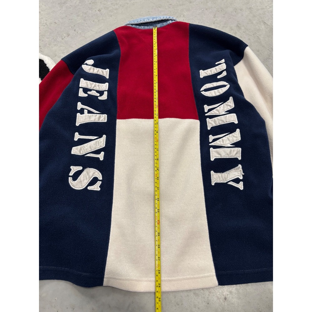 Vintage Tommy Jeans Fleece Rugby Shirt American Flag Denim Collar Large L 90s - Picture 6 of 6